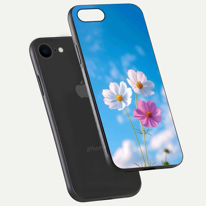 Triple Flowers With Sky Glass Case for iPhone 7 floating dual-view mockup displaying gloss and soft hues