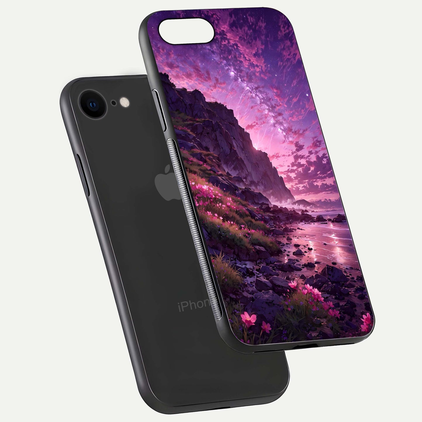 Twilight Blossom Coast Glass Case for iPhone 7 floating dual-view mockup displaying gloss surface and detail