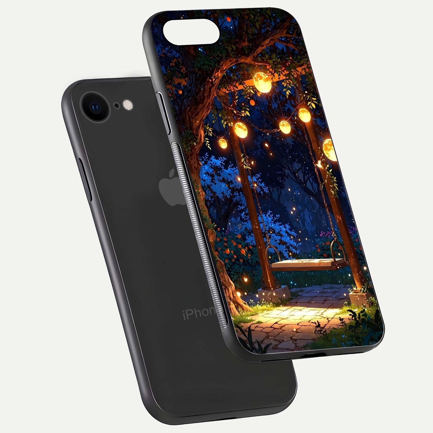 Twilight Garden Swing Glass Case for iPhone 7 floating dual-view mockup displaying gloss and tone balance