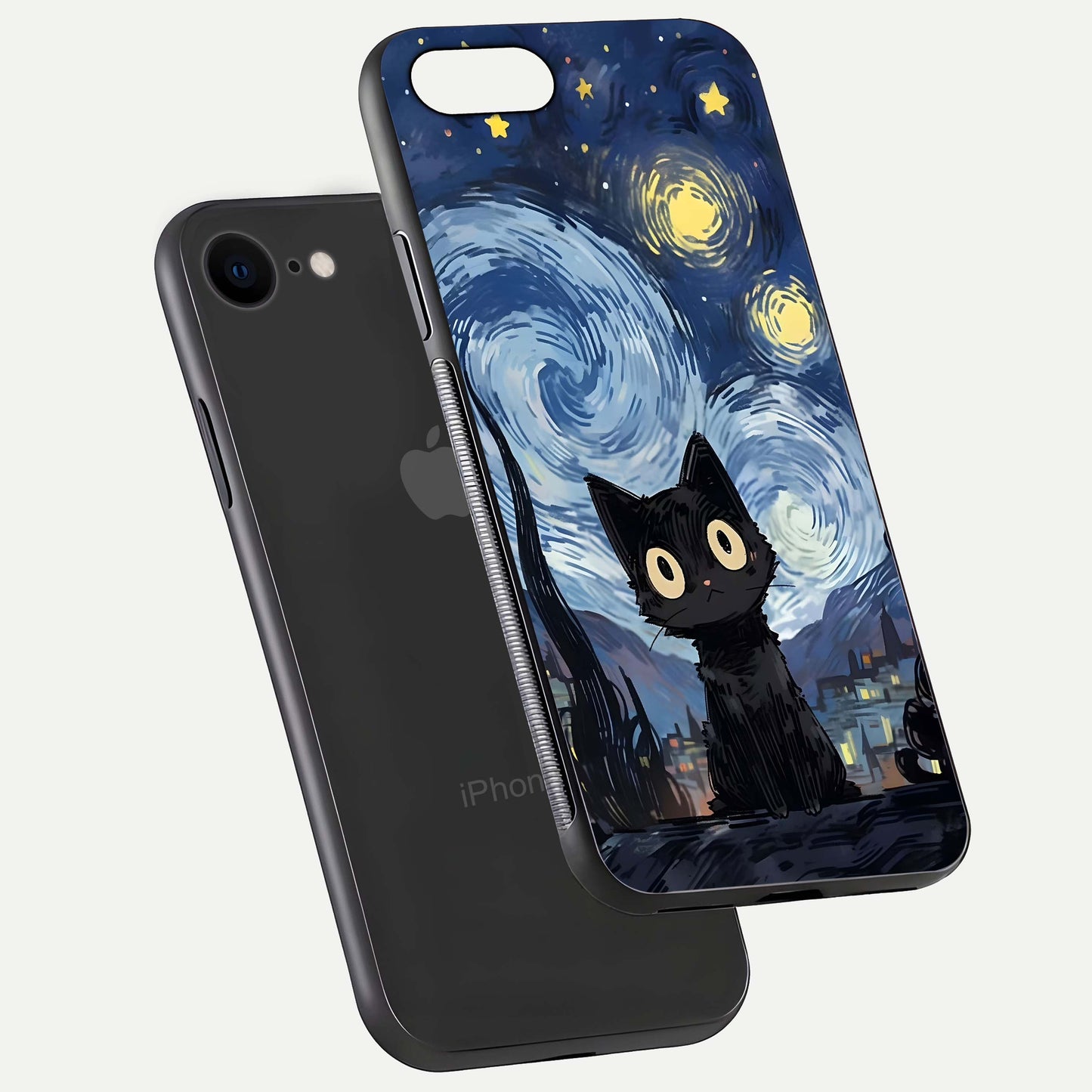 Van Gogh Cat Glass Case for iPhone 7 floating dual-view mockup displaying gloss shine and artistic texture