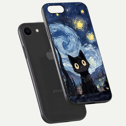 Van Gogh Cat Glass Case for iPhone 7 floating dual-view mockup displaying gloss shine and artistic texture