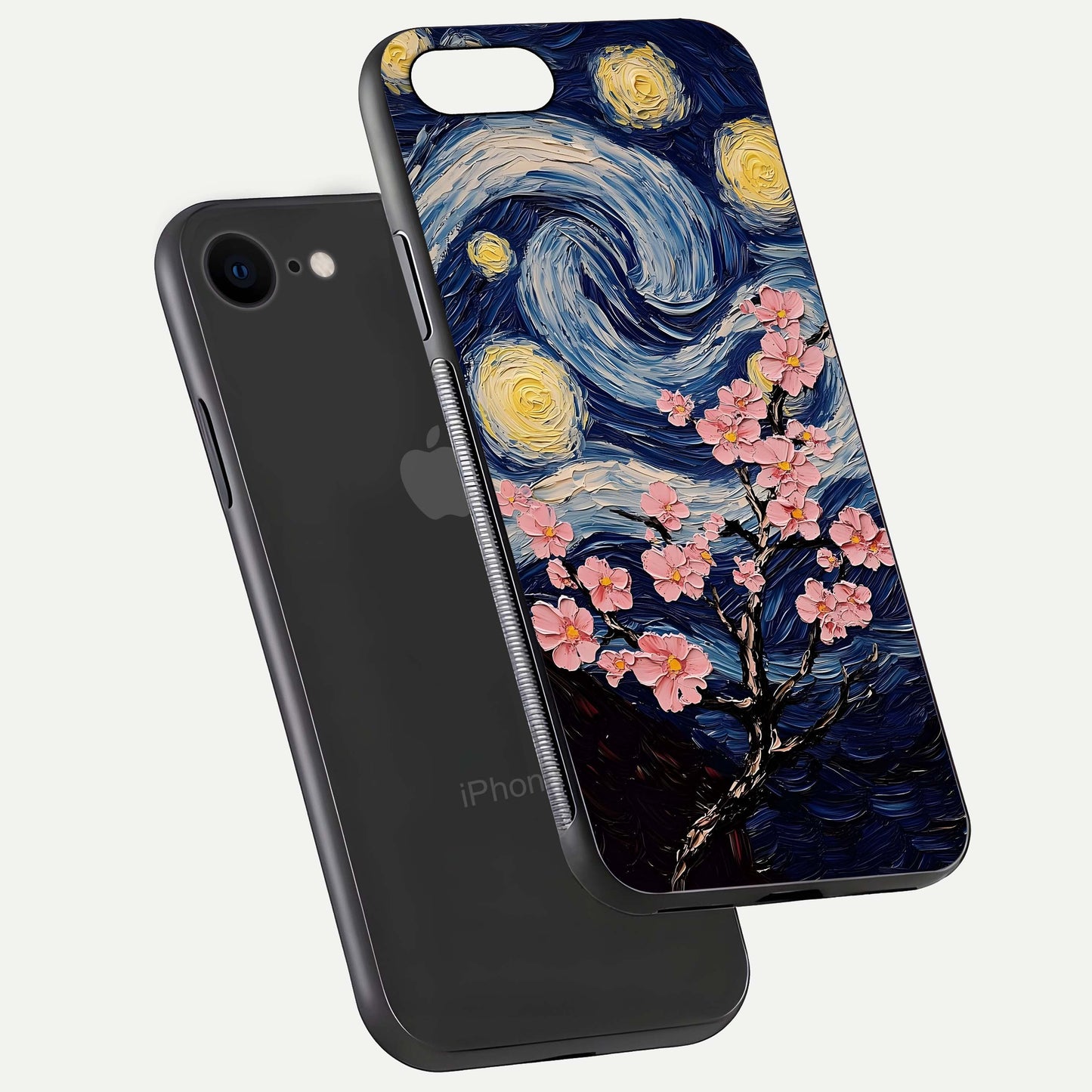 Van Gogh Scenery Glass Case for iPhone 7 floating dual-view mockup displaying gloss reflection and HD quality