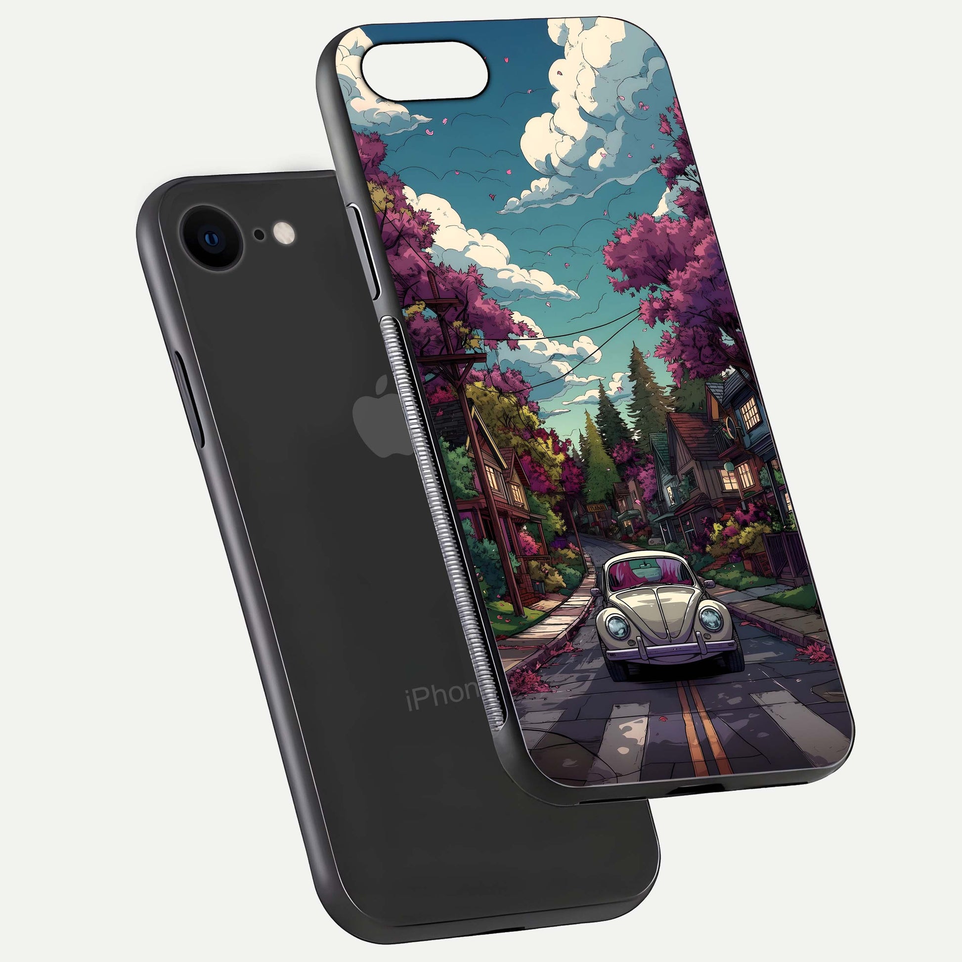 Vintage Street Drive Glass Case for iPhone 7 floating dual-view mockup displaying gloss shine and texture