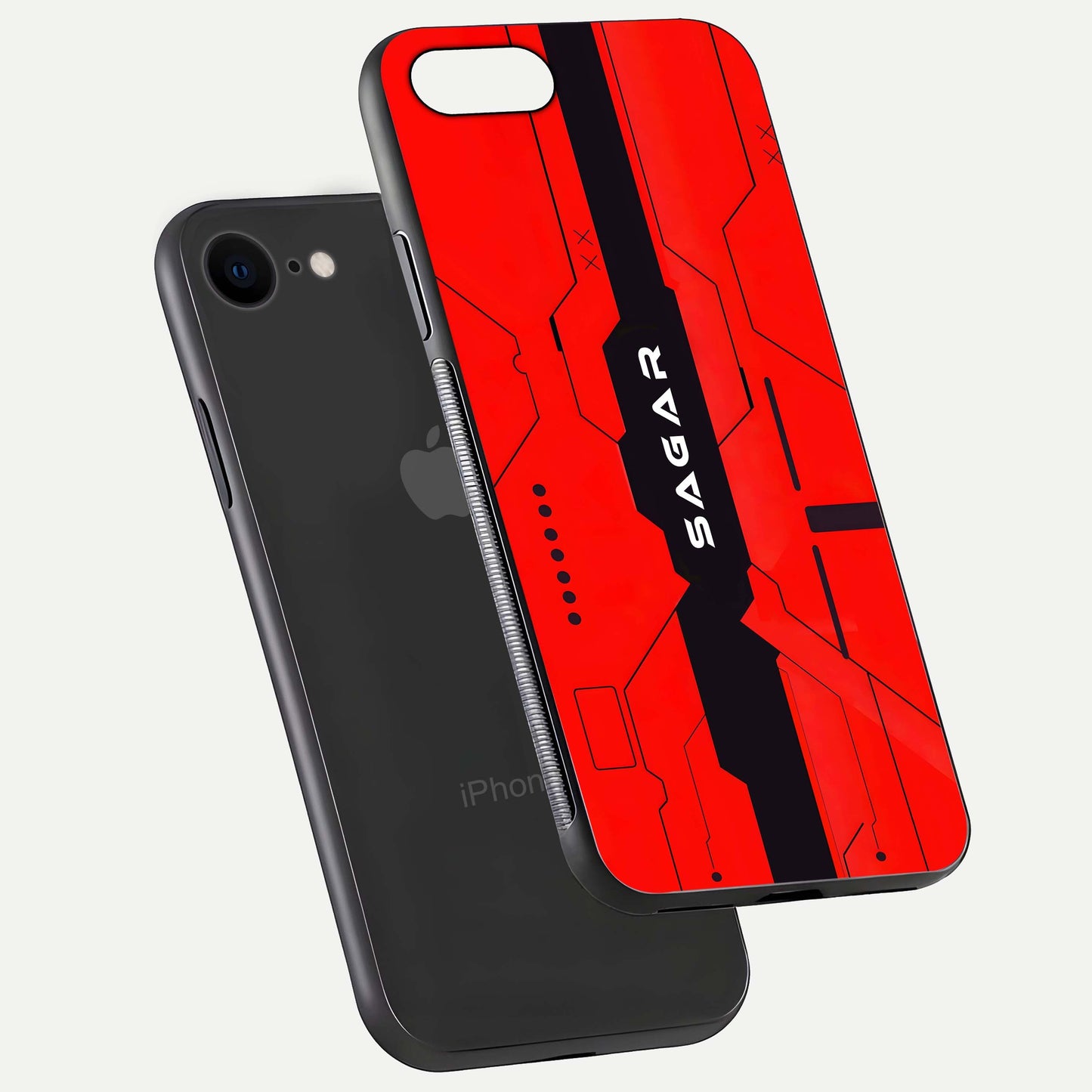 Voltage Rise CYBERPUNK Custom Name Glass Case for iPhone 7 floating dual-view mockup displaying gloss shine and lighting
