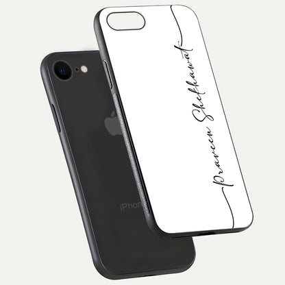 White Tune Custom Name Glass Case for iPhone 7 floating dual-view mockup displaying gloss and HD detail