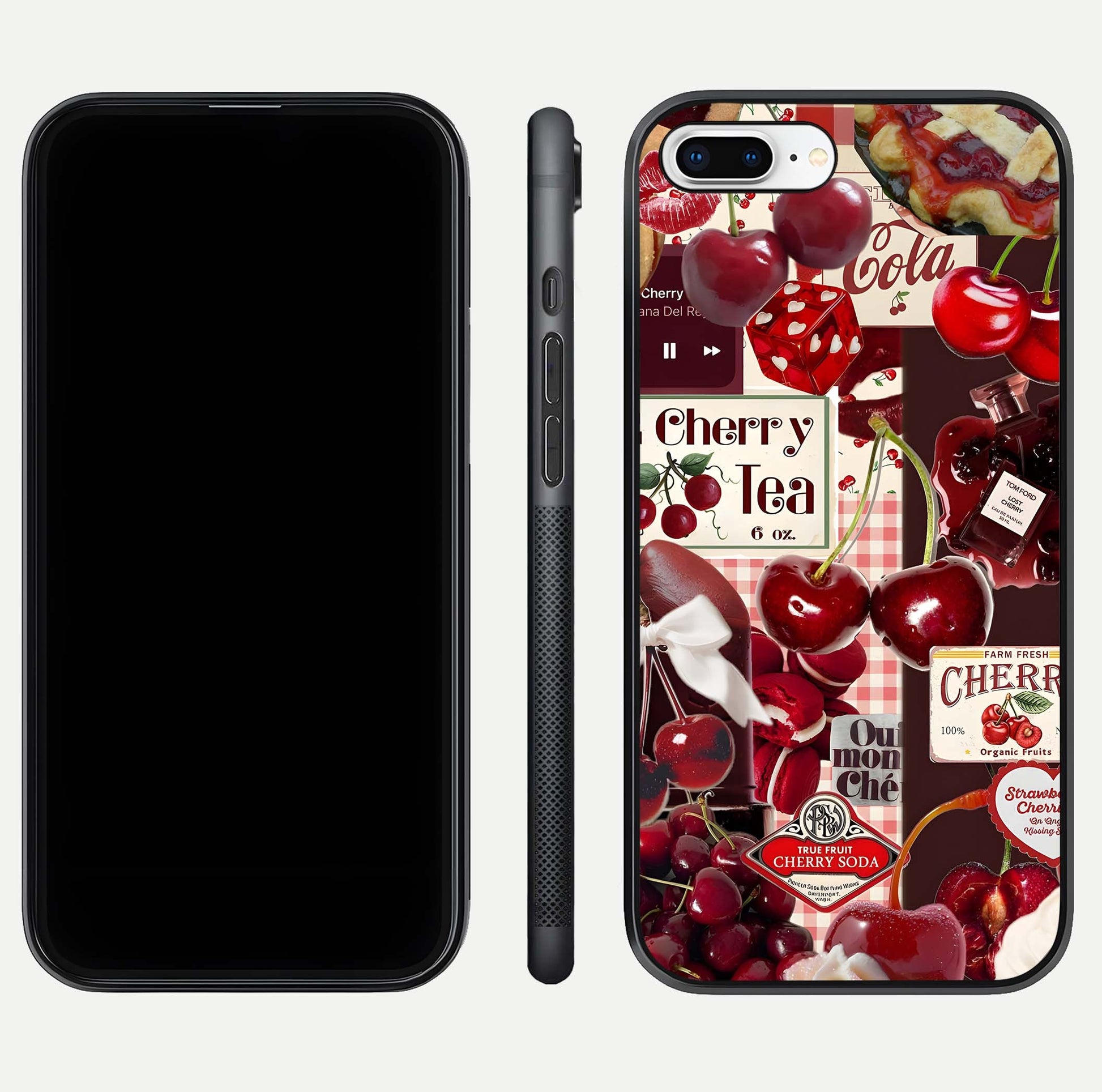 Aesthetic Cherry Tea Glass Case for iPhone 16 Pro front and back view layout showing black front display and artistic cherry-themed glass back