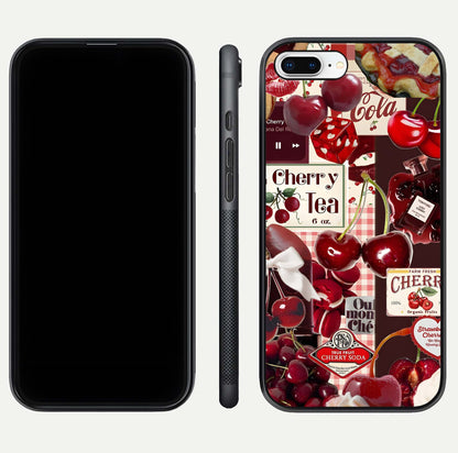 Aesthetic Cherry Tea Glass Case for iPhone 16 Pro front and back view layout showing black front display and artistic cherry-themed glass back