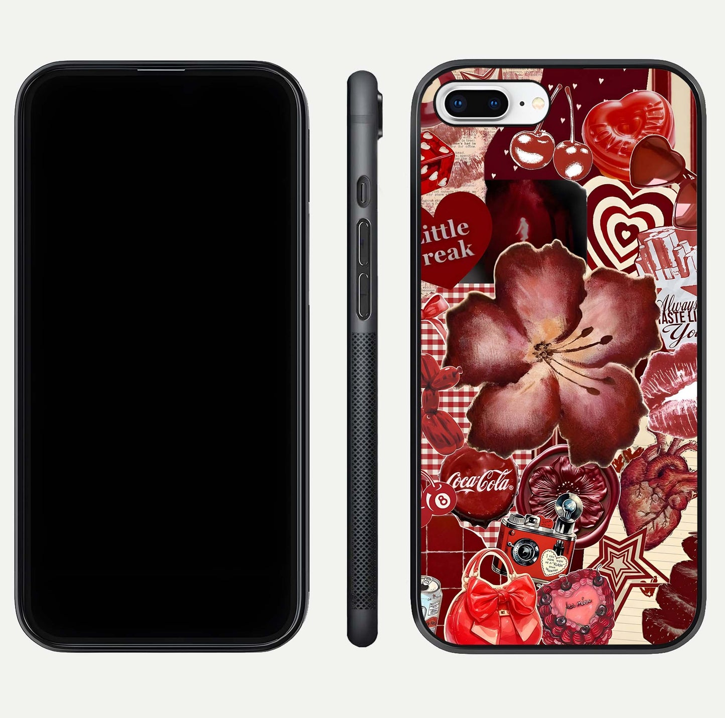 Aesthetic Little Freak Glass Case for iPhone 16 Pro front and back view layout showing black front display and trendy collage glass back