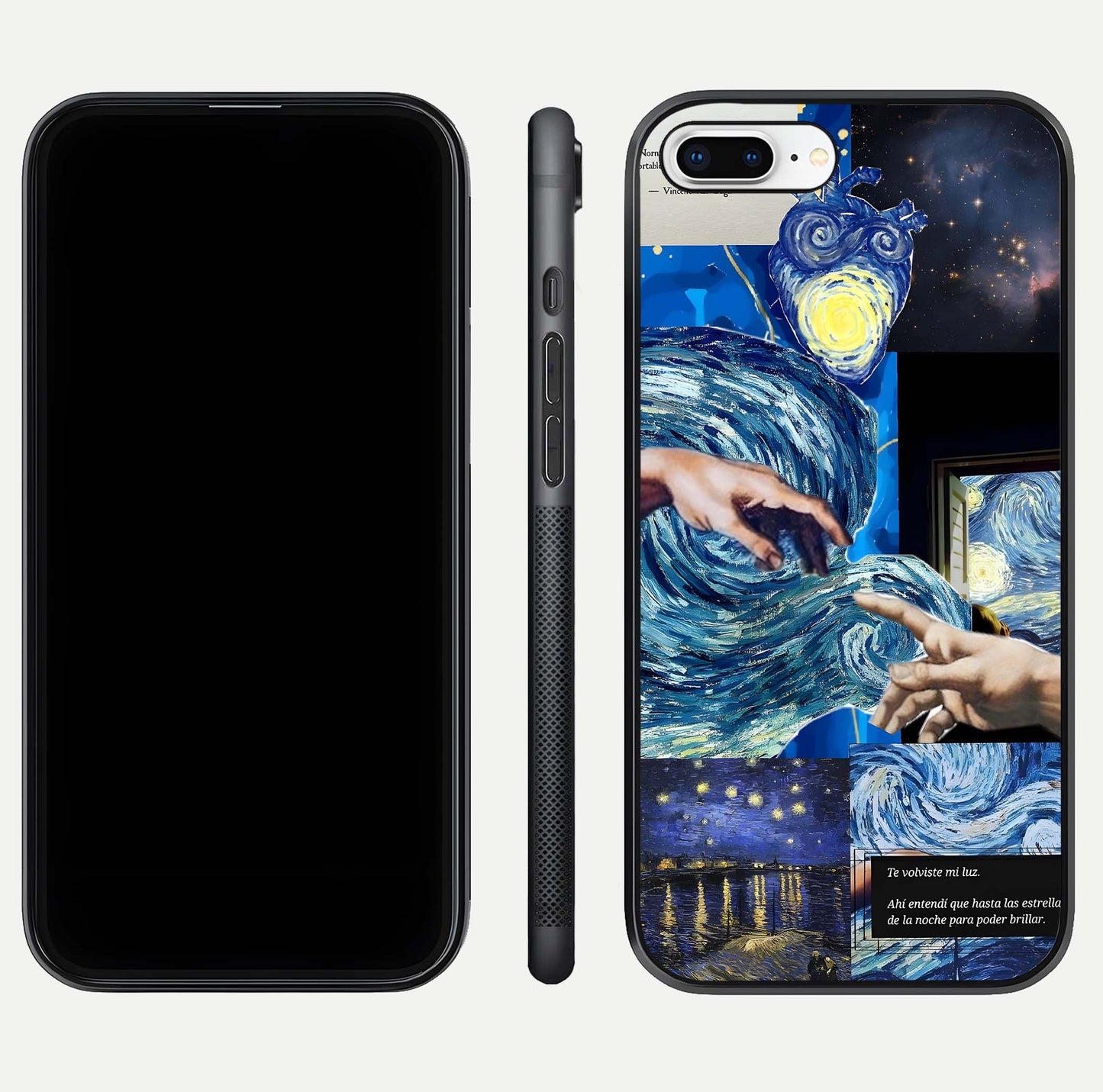 Aesthetic Vando Hands Glass Case for iPhone 16 Pro front and back layout highlighting camera cutout and premium glass shine