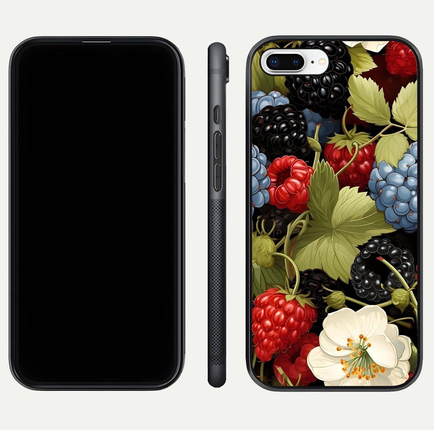 Berry Bloom Charm Glass Case for iPhone 7 Plus front-and-back layout showing floral pattern continuity and smooth glass shine
