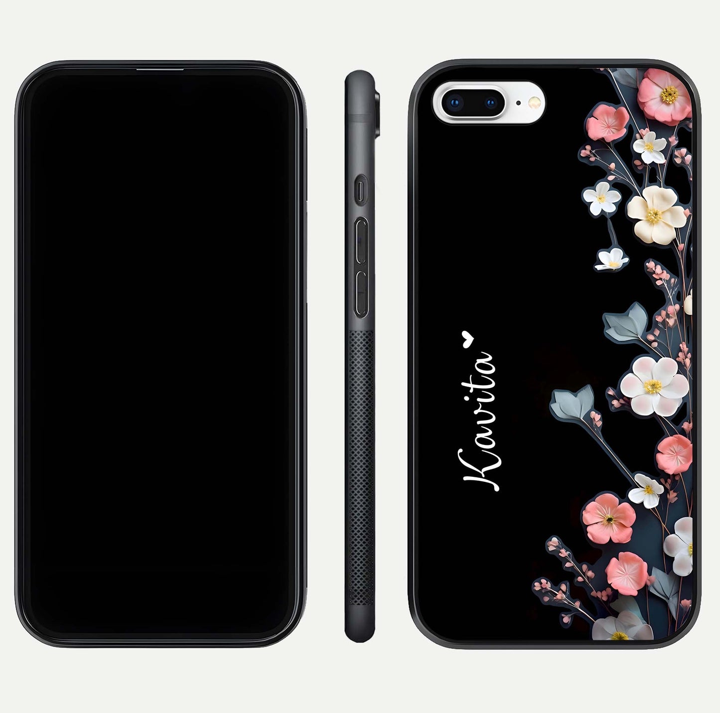 Black Elegance Floral Custom Name Glass Case for iPhone 16 Pro dual-view layout displaying name placement and gloss finish