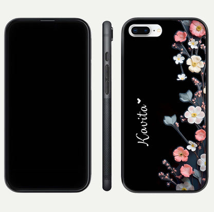 Black Elegance Floral Custom Name Glass Case for iPhone 16 Pro dual-view layout displaying name placement and gloss finish