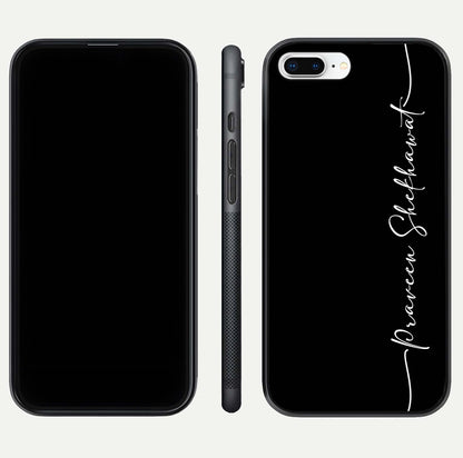 Black Tune Custom Name Glass Case for iPhone 7 Plus front-and-back layout showing personalized name zone and edges