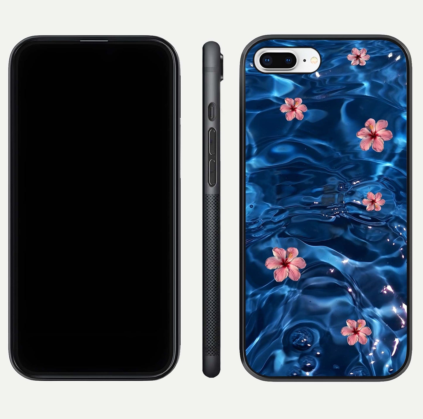 Blooming Water Drift Glass Case for iPhone 7 Plus front-and-back layout highlighting edge design and serene water bloom art