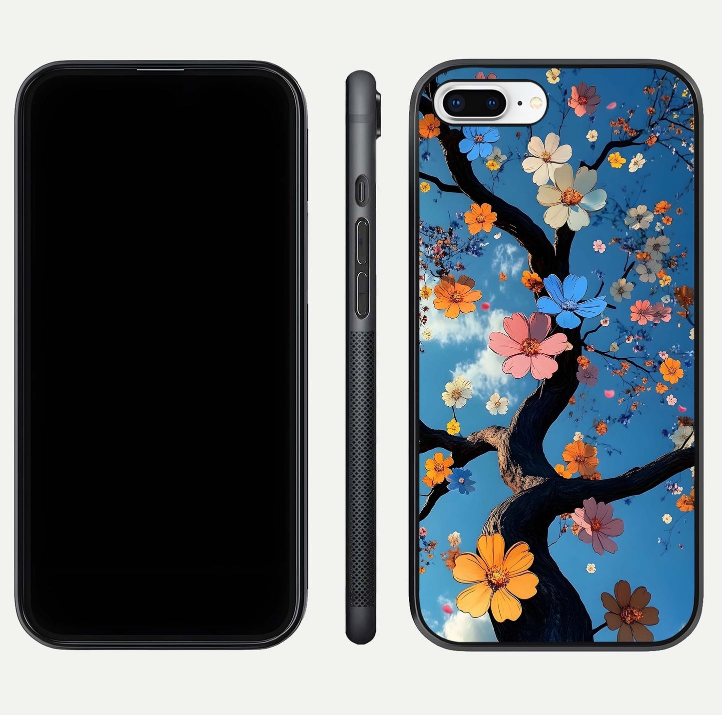 Blossom Dream Sky Glass Case for iPhone 16 Pro front-and-back layout showing floral print and premium edge gloss