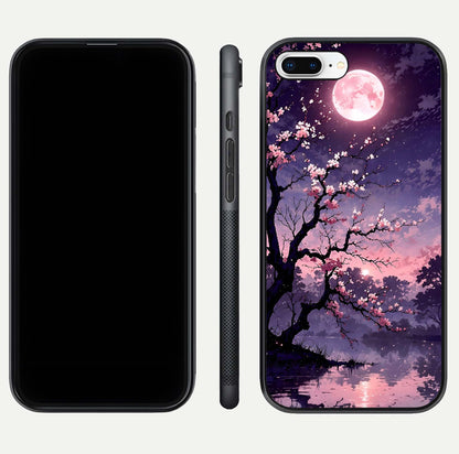 Blossom Pink Moon Glass Case for iPhone 7 Plus front-and-back layout showing minimal edges and artistic flower print