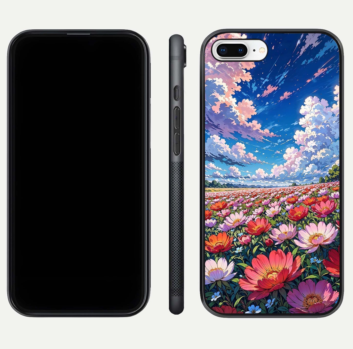 Blossom Sky Field Glass Case for iPhone 7 Plus front-and-back layout highlighting design edges and gloss clarity