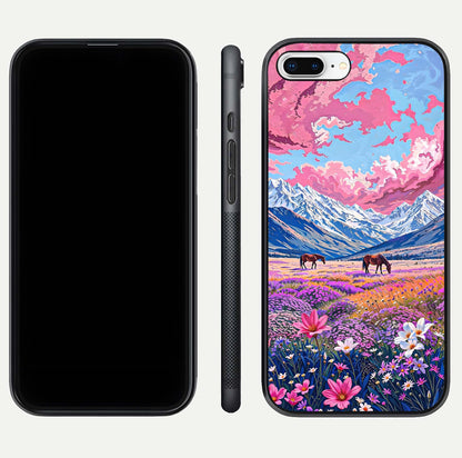 Blossom Valley Dream Glass Case for iPhone 16 Pro front-and-back layout highlighting glossy reflection and edge cut