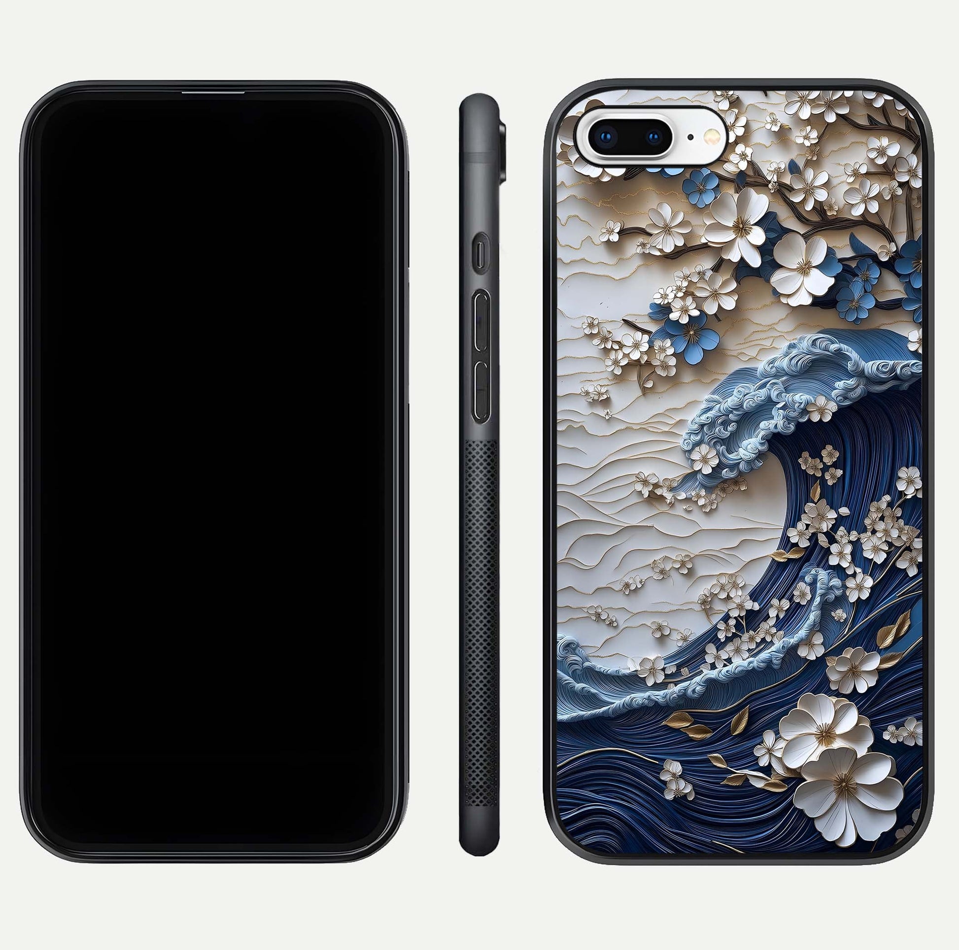 Blossom Wave Art Glass Case for iPhone 7 Plus front-and-back layout showing curved design and glass clarity