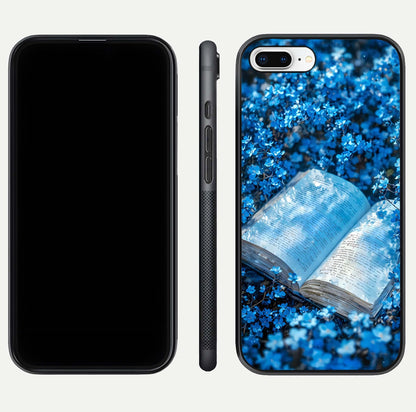 Blue Bloom Tales Glass Case for iPhone 7 Plus dual-view layout highlighting shine, floral print, and smooth edges