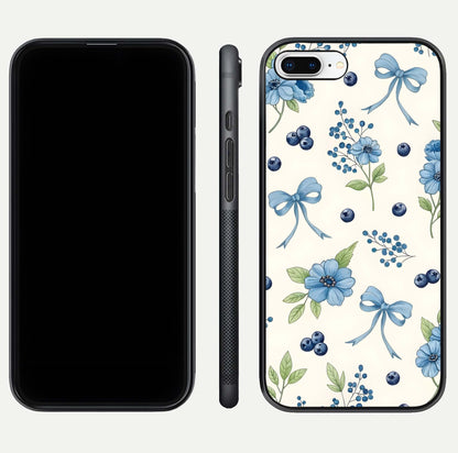Blue Flower & Bow Glass Case for iPhone 16 Pro dual-view layout showing balanced pattern and smooth edges