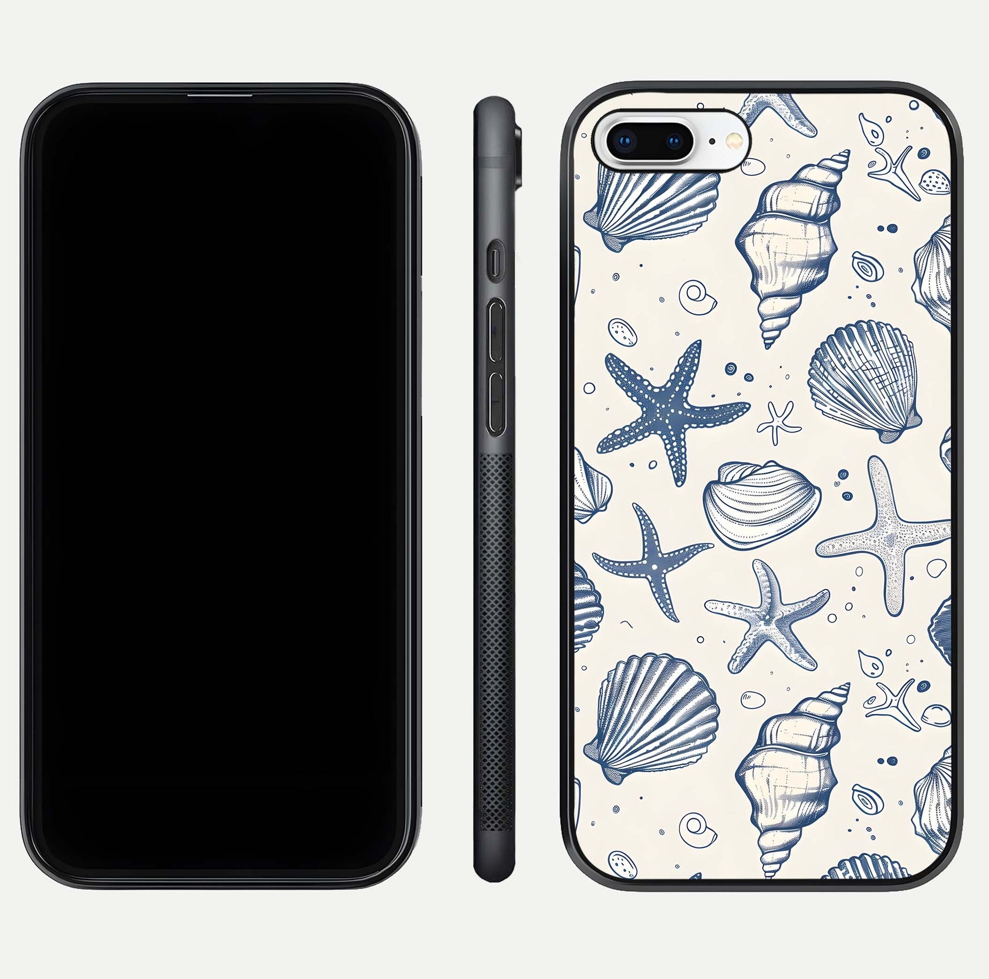 Blue Ocean Outline Glass Case for iPhone 7 Plus front-and-back layout showing minimal wave design and HD gloss
