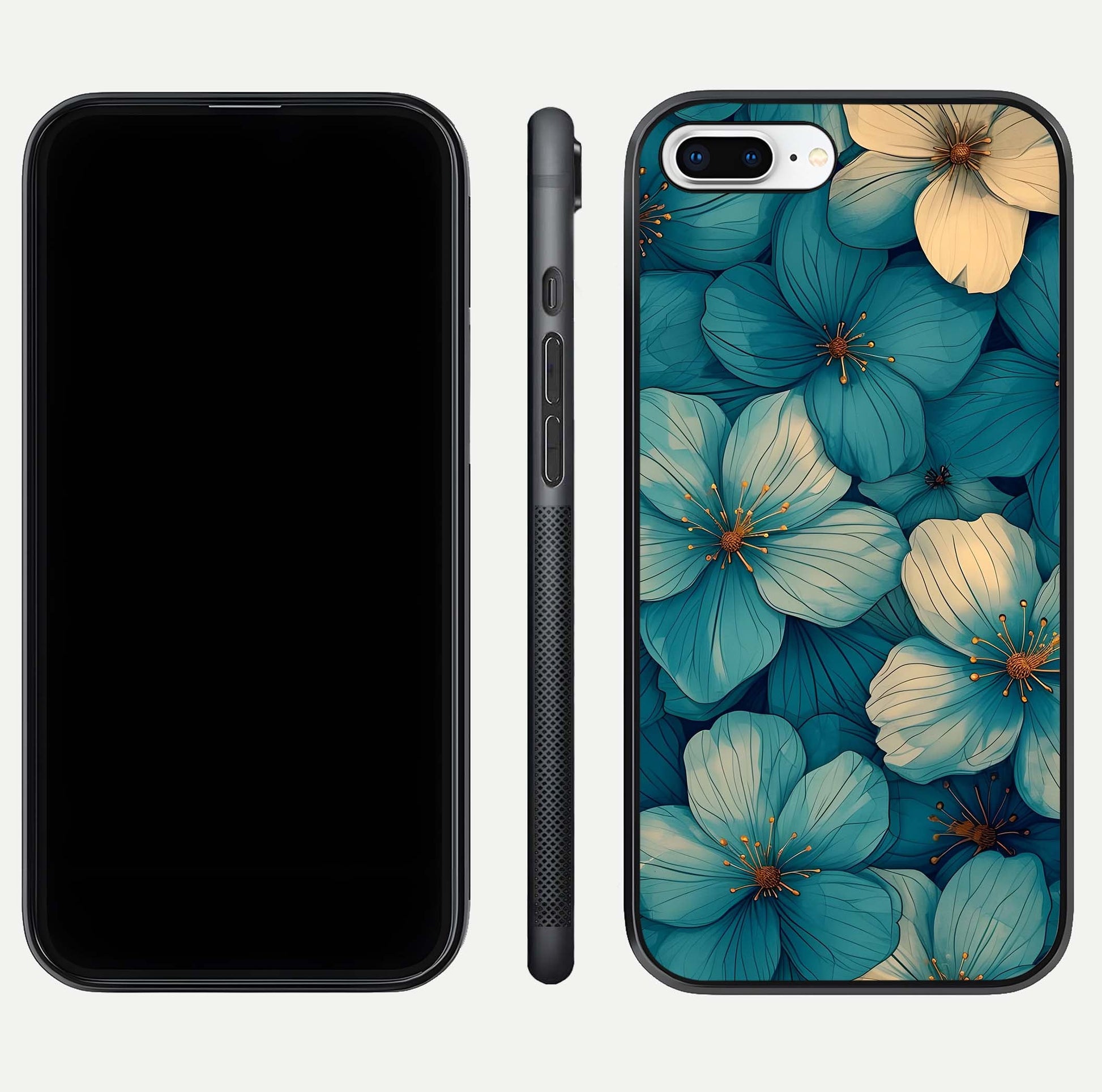 Blue Shade Floral Glass Case for iPhone 7 Plus front-and-back layout displaying bloom contrast and edge polish