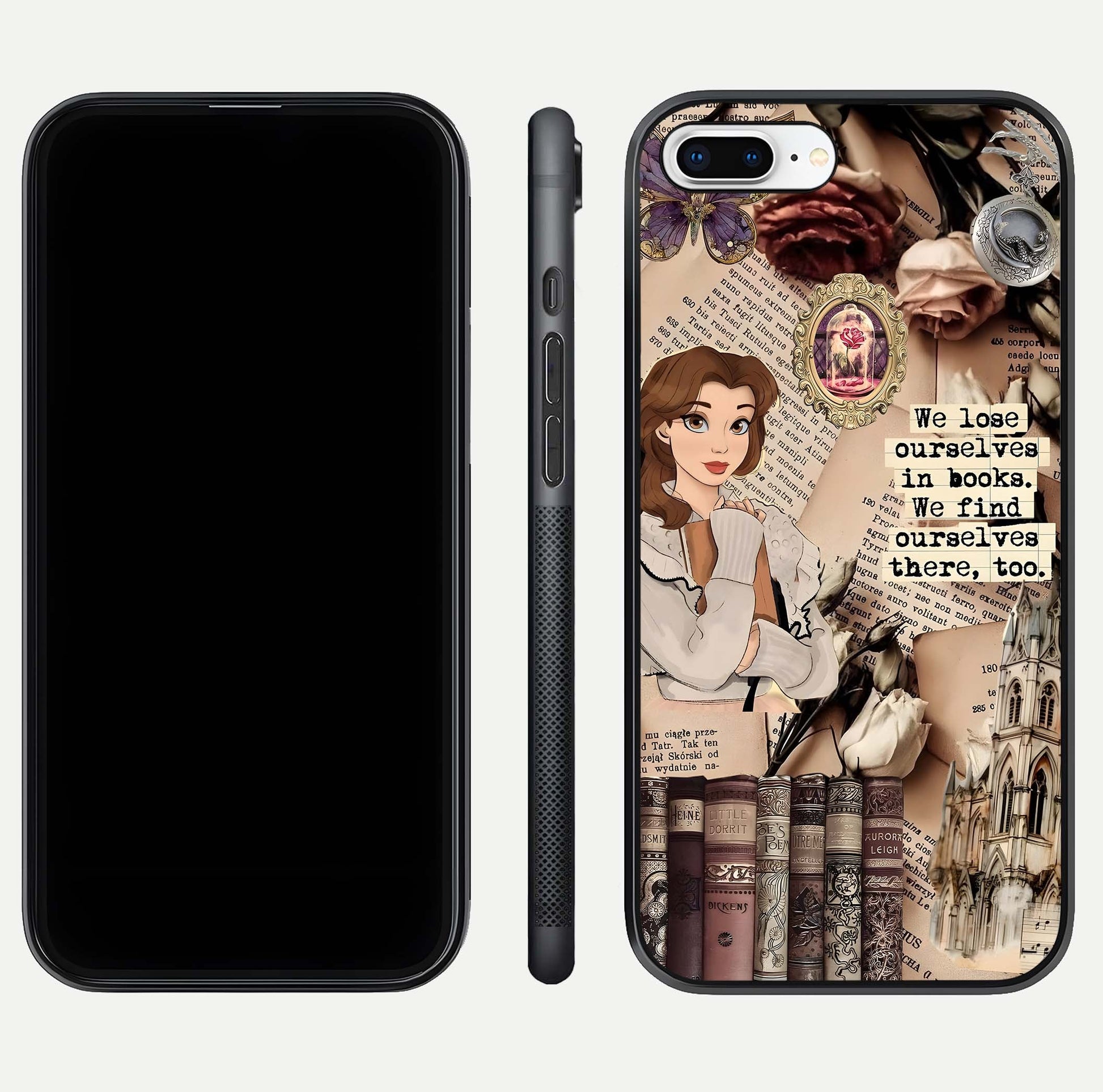 Bookish Dream World Glass Case for iPhone 7 Plus dual-view layout displaying colorful fantasy print and edge finish