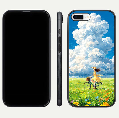 Breezy Meadow Ride Glass Case for iPhone 7 Plus dual-view layout showing soft landscape design and reflection gloss