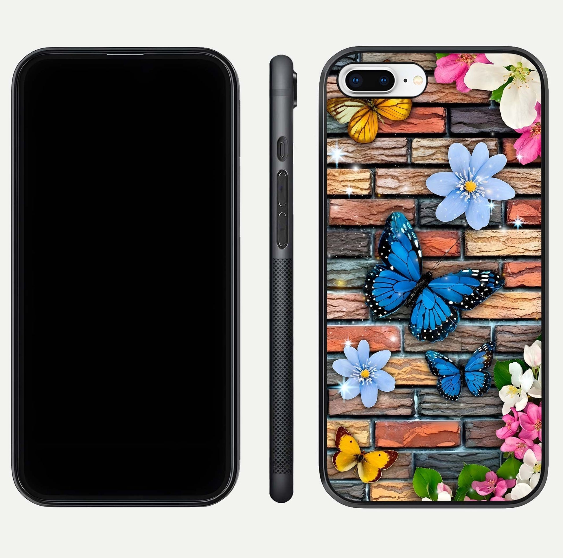 Brick Bloom Flight Glass Case for iPhone 7 Plus dual-view layout showing bloom placement and protective edge design