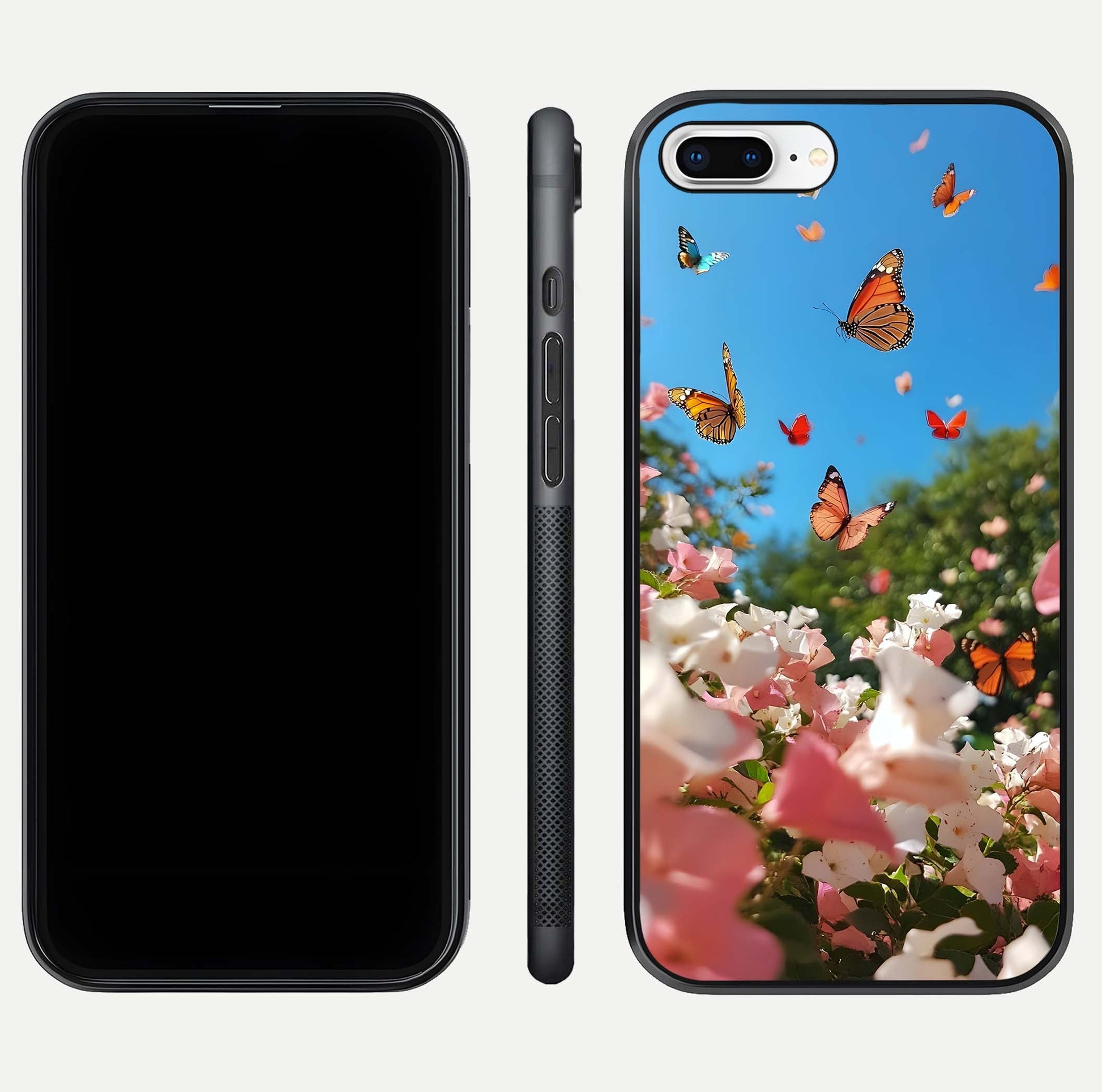 Butterflies in Bloom Sky Glass Case for iPhone 7 Plus dual-view layout displaying elegant composition and glass gloss