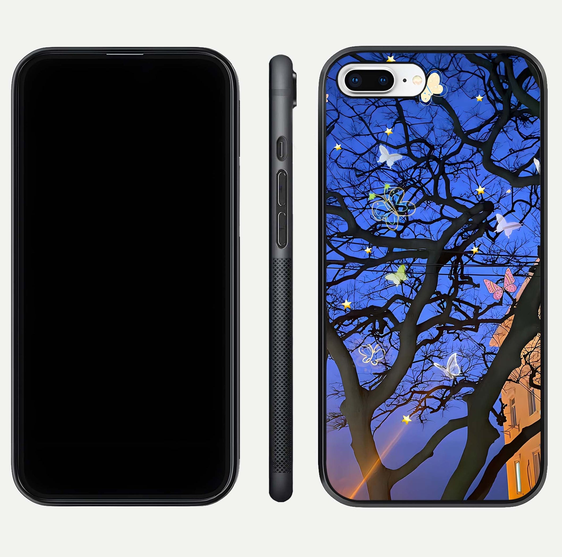 Butterfly Night Magic Glass Case for iPhone 7 Plus dual-view layout displaying balanced art and edge clarity
