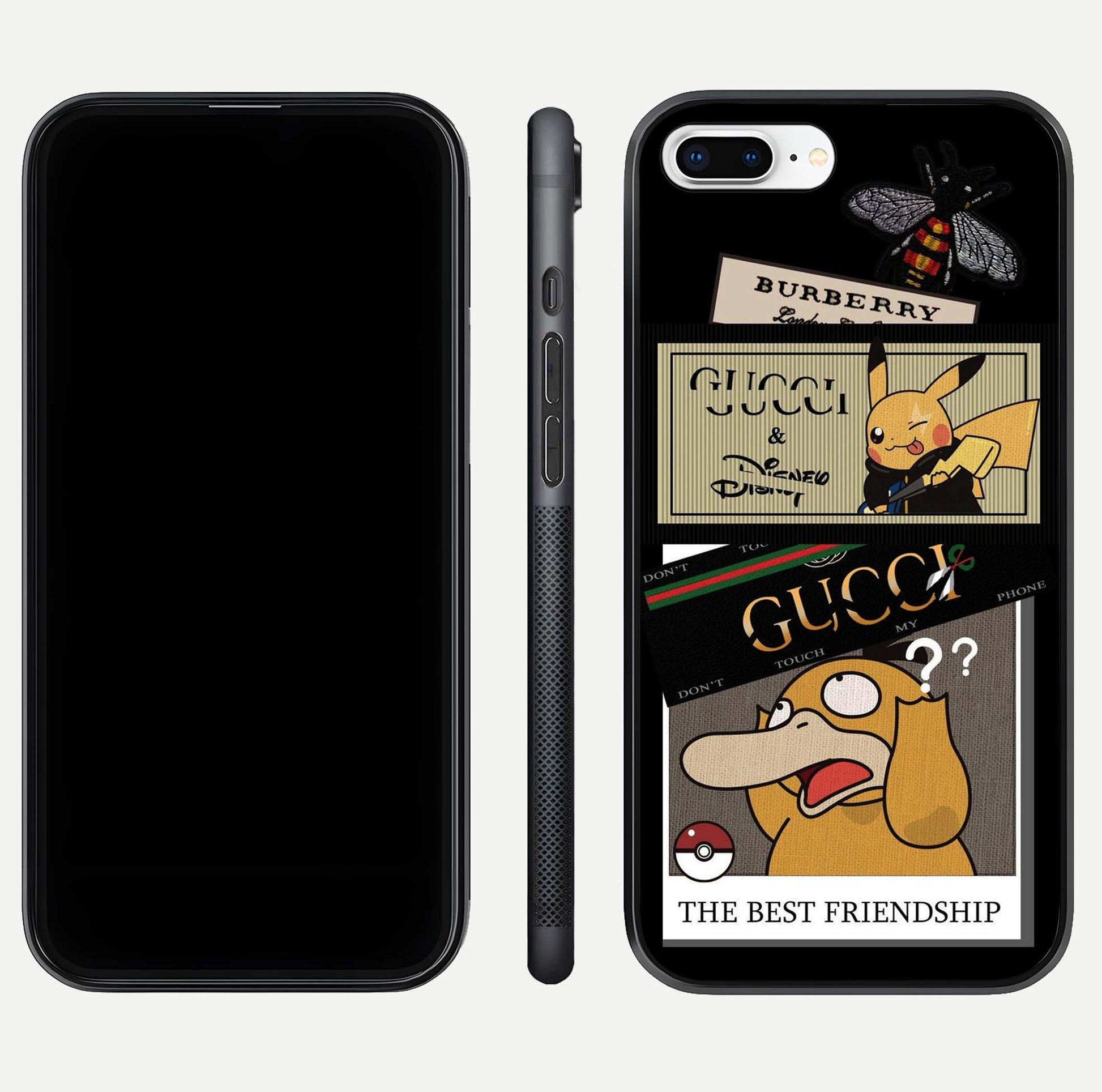 Cartoon Brand Play Mashup Glass Case for iPhone 7 Plus front and back view layout highlighting multi-logo artwork and curved edges