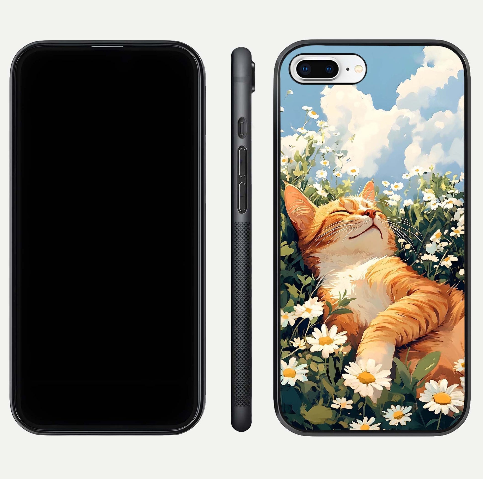Cat & Flowers View Glass Case for iPhone 7 Plus front-and-back layout showing floral balance and gloss surface