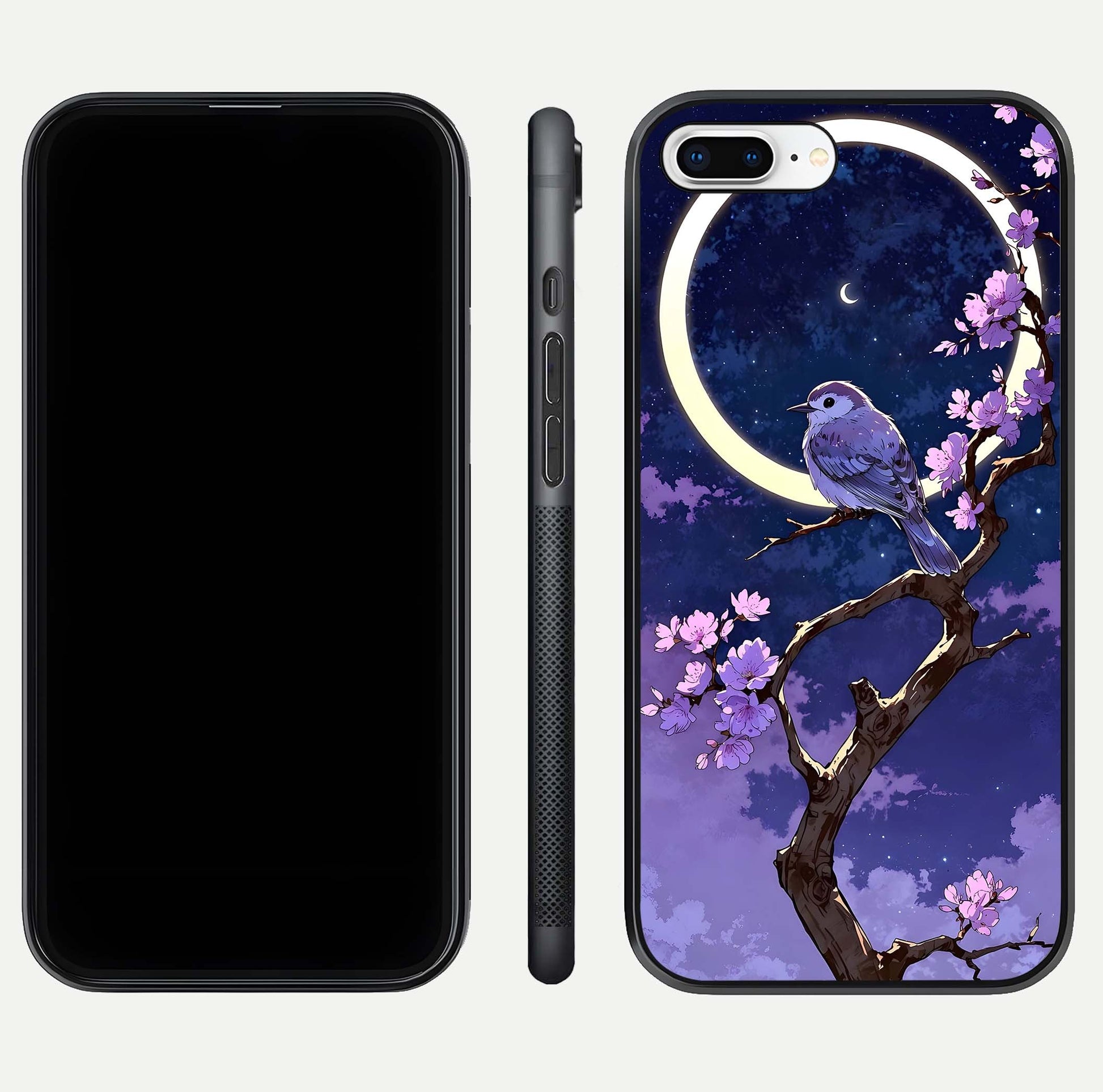 Celestial Bird Blossom Glass Case for iPhone 7 Plus dual-view layout showing art composition and edge clarity