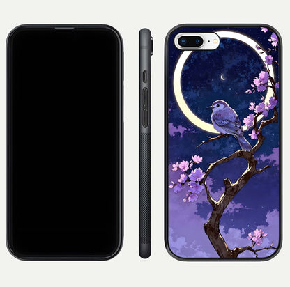 Celestial Bird Blossom Glass Case for iPhone 7 Plus dual-view layout showing art composition and edge clarity