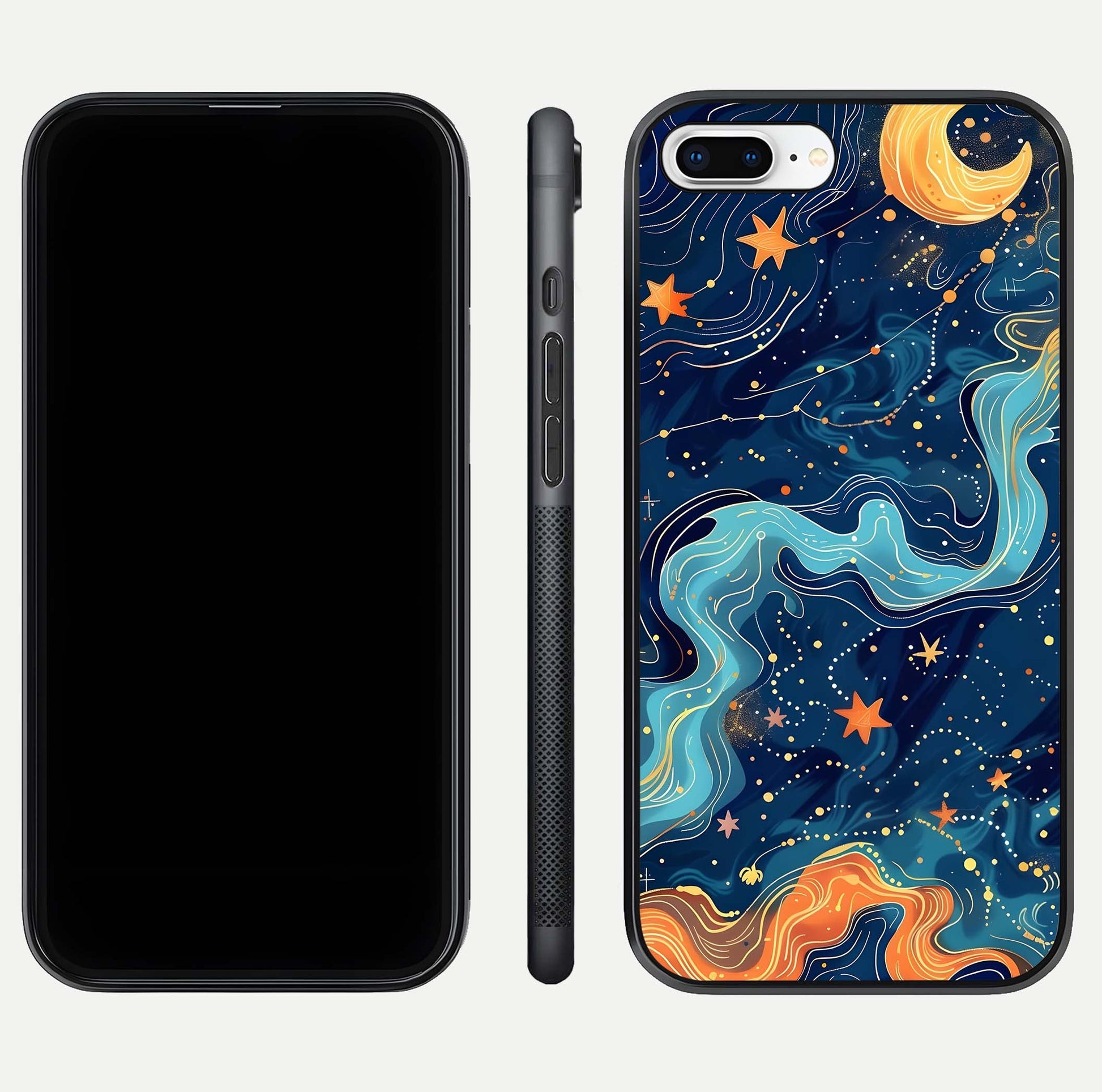 Celestial Dream Flow Glass Case for iPhone 7 Plus dual-view layout showing abstract flow and curved glass