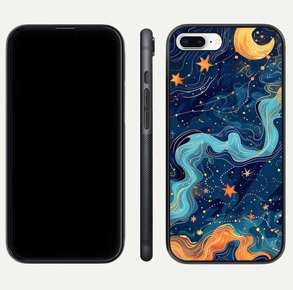 Celestial Dream Flow Glass Case for iPhone 7 Plus dual-view layout showing abstract flow and curved glass