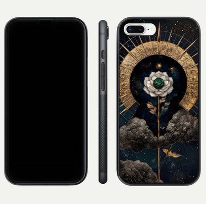 Celestial Lotus Morang Glass Case for iPhone 7 Plus dual-view layout displaying floral symmetry and polished edges