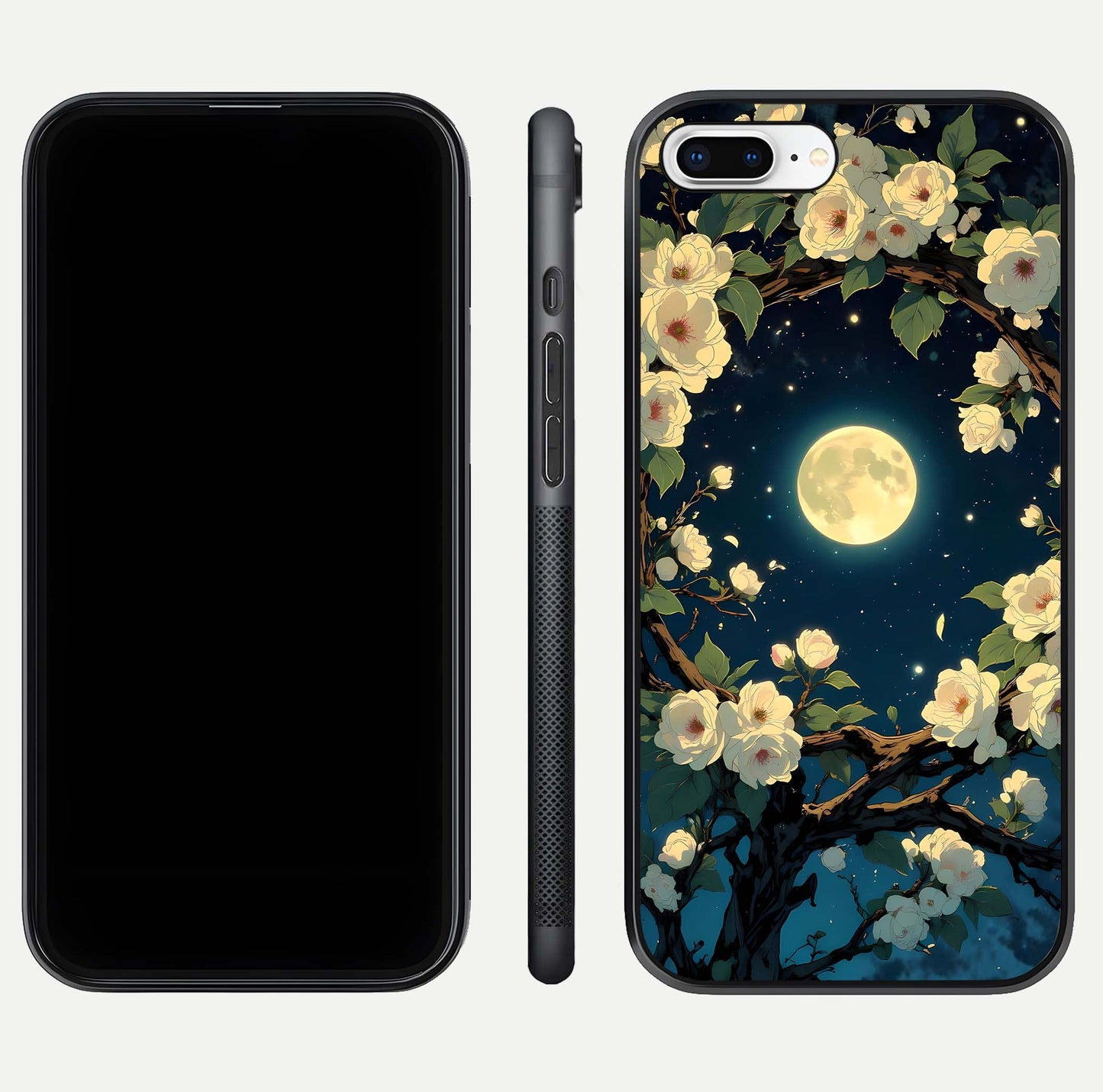 Celestial Moon & Flower Glass Case for iPhone 7 Plus dual-view layout showing balanced lunar art and gloss tone