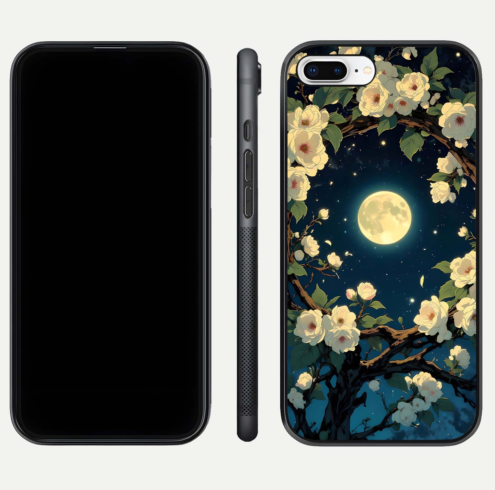 Celestial Moon & Flower Glass Case for iPhone 7 Plus dual-view layout showing balanced lunar art and gloss tone