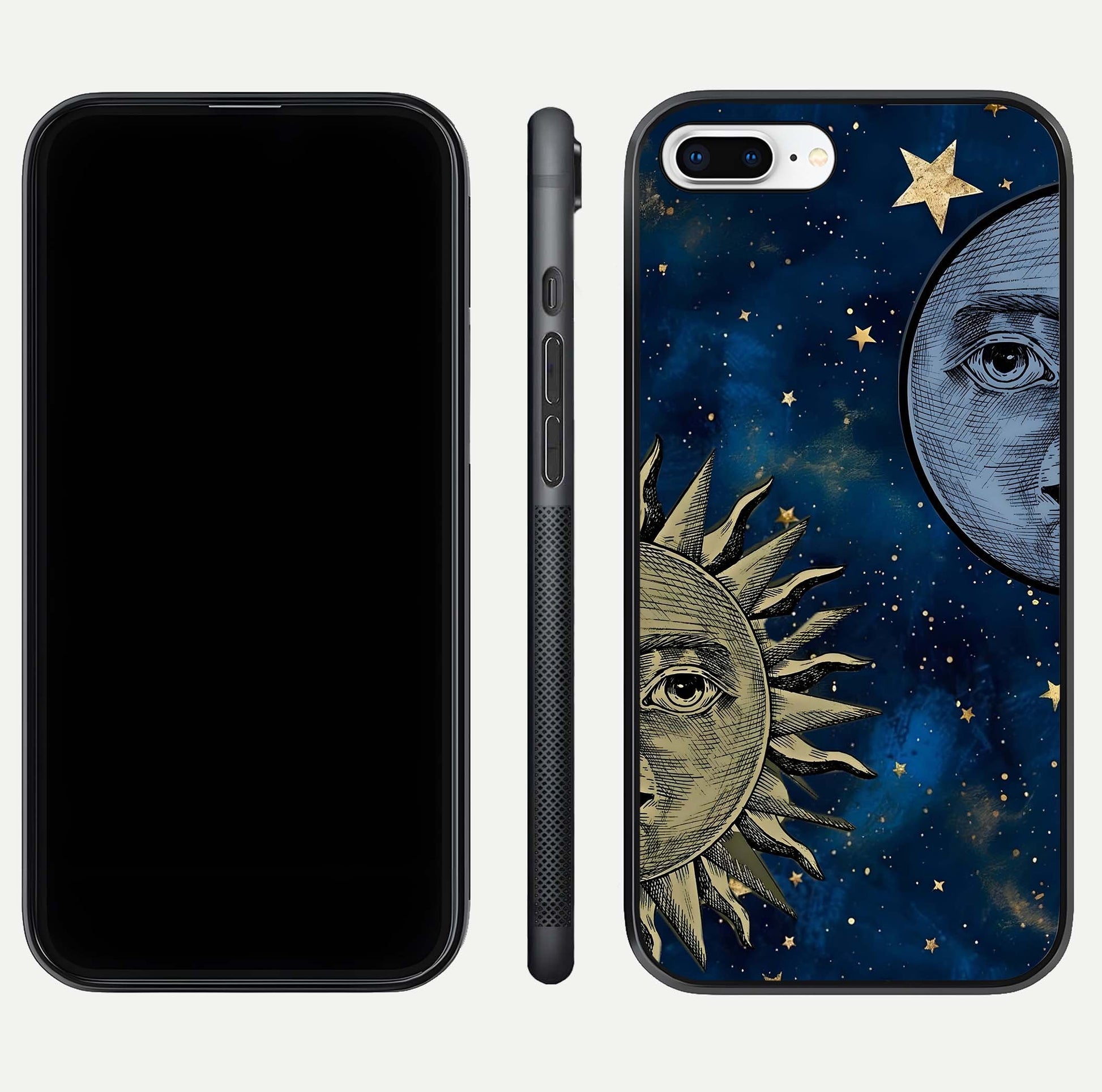 Celestial Moon With Sun Glass Case for iPhone 7 Plus dual-view layout showing luminous pattern and curved edges