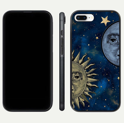 Celestial Moon With Sun Glass Case for iPhone 7 Plus dual-view layout showing luminous pattern and curved edges