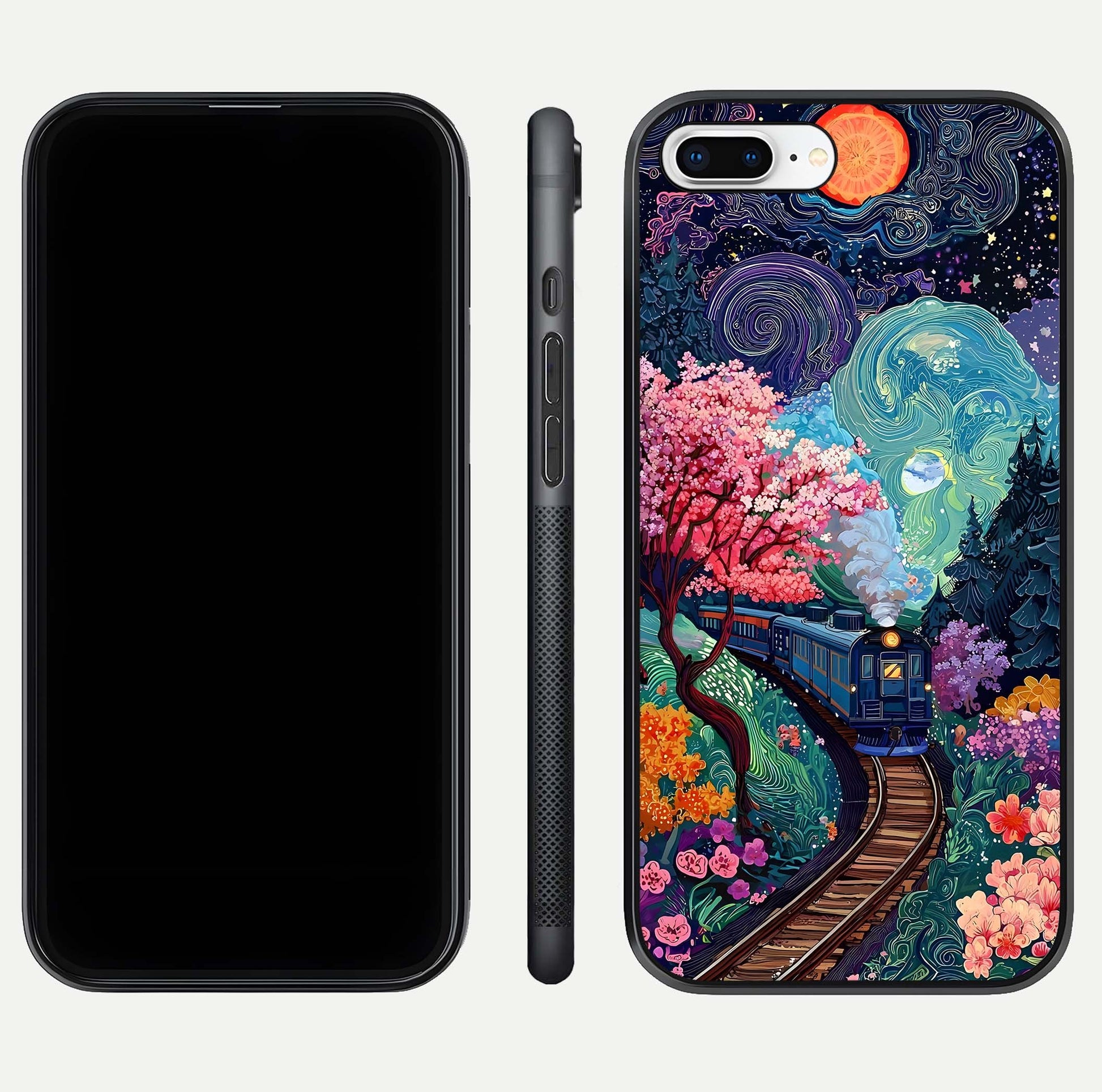 Celestial Train Journey Glass Case for iPhone 7 Plus dual-view layout showing cosmic art balance and curved glass edges