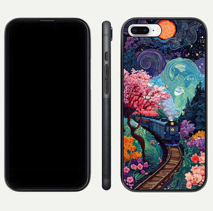 Celestial Train Journey Glass Case for iPhone 7 Plus dual-view layout showing cosmic art balance and curved glass edges