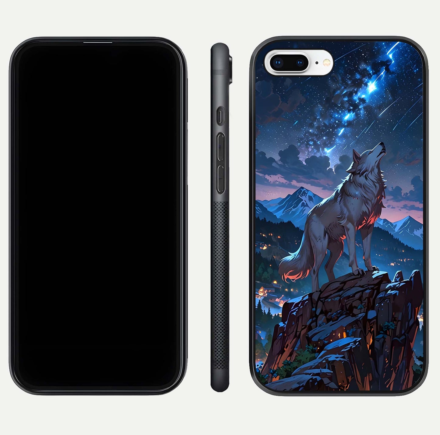 Celestial Wolf Howl Glass Case for iPhone 7 Plus dual-view layout displaying night tones and protective glass edges