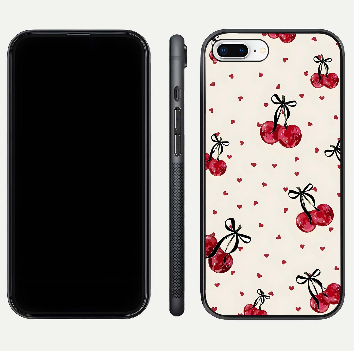 Cherry Heart Bow Glass Case for iPhone 7 Plus front-and-back view showing design clarity and edge protection