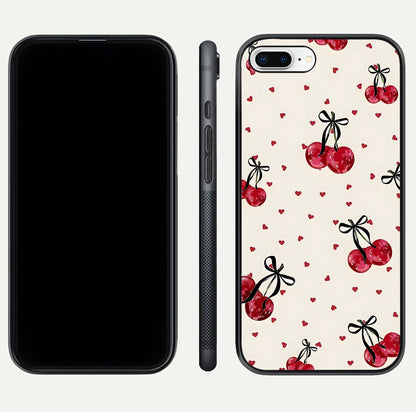 Cherry Heart Bow Glass Case for iPhone 7 Plus front-and-back view showing design clarity and edge protection