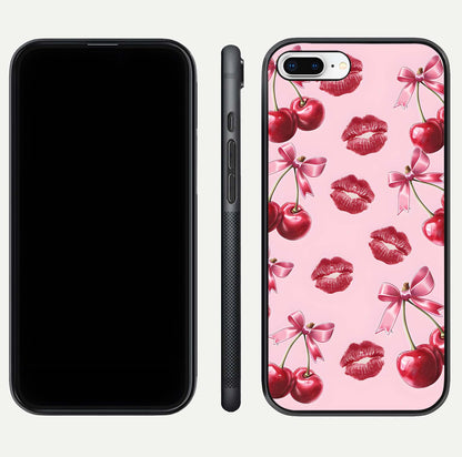 Cherry With Lips Glass Case for iPhone 7 Plus front-and-back layout displaying detailed design and glass finish