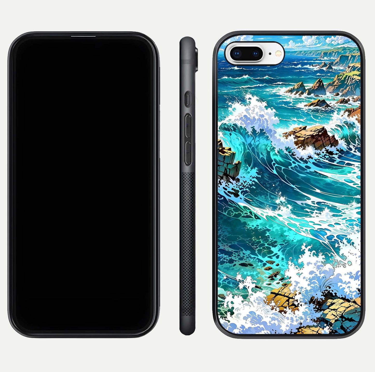 Coastal Blue Waves Glass Case for iPhone 7 Plus dual-view layout displaying sea tones and curved finish